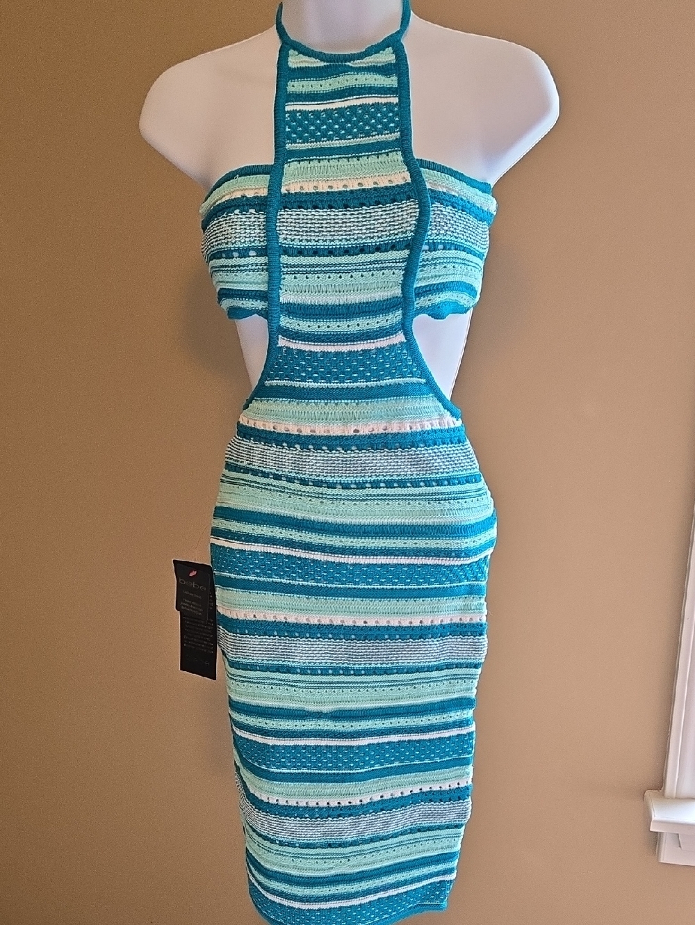 bebe Teal, Aqua & White Striped Cutout Halter Midi Dress SEXY NWT XS